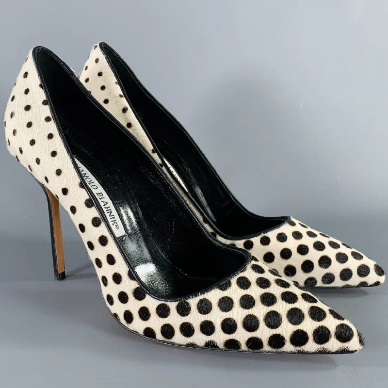 Stiletto Heel Pumps with Perfect Fit--MANOLO BLAHNIK Size 7.5 White Black Dots Pony Hair Stiletto Pumps-Fashionable & Classic