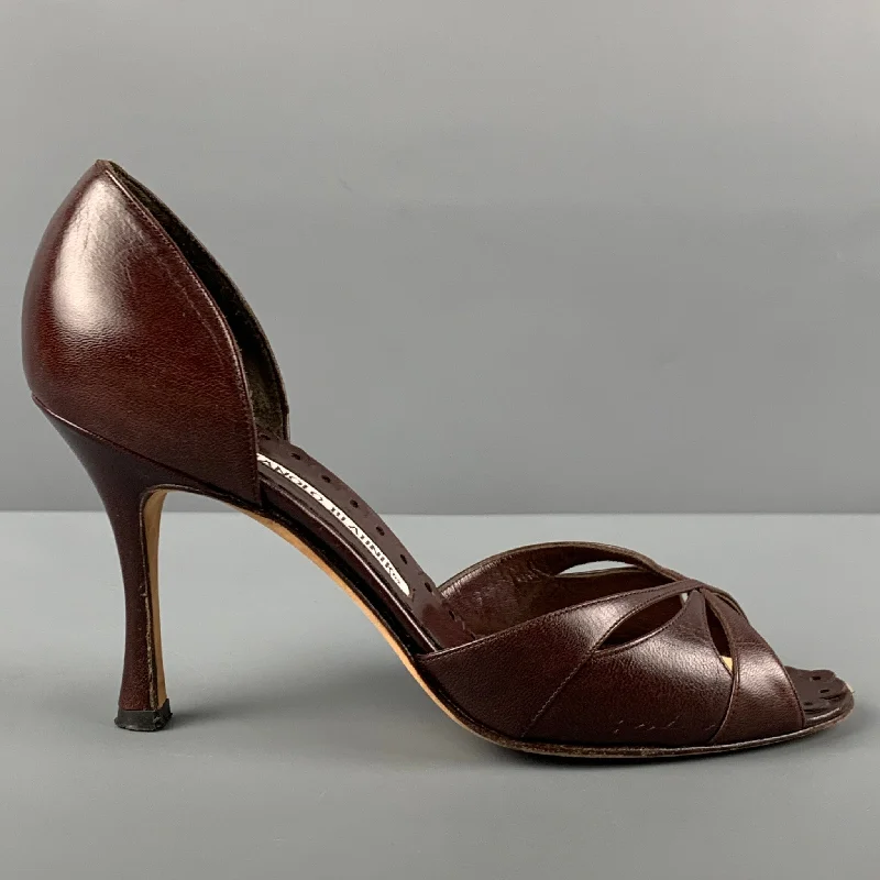 Trendy D'Orsay Pumps for Fashion-Forward Women---MANOLO BLAHNIK Size 7 Brown Leather D'Orsay Pumps