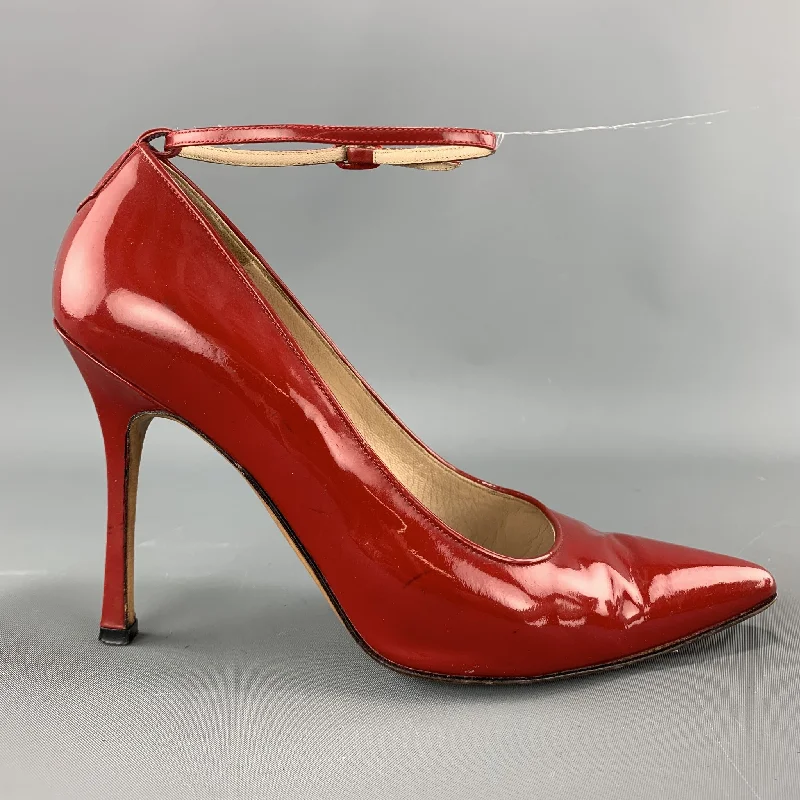 Sleek and Shiny Patent Pump Heels for a Polished Look--MANOLO BLAHNIK Size 7 Red Patent Leather Ankle Strap Pointed Pumps