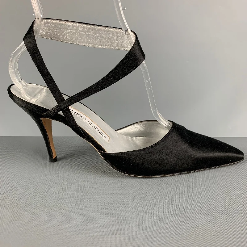 Stylish Ankle Strap Heels for Women--MANOLO BLAHNIK Size 8 Black Satin Solid Ankle Strap Pumps