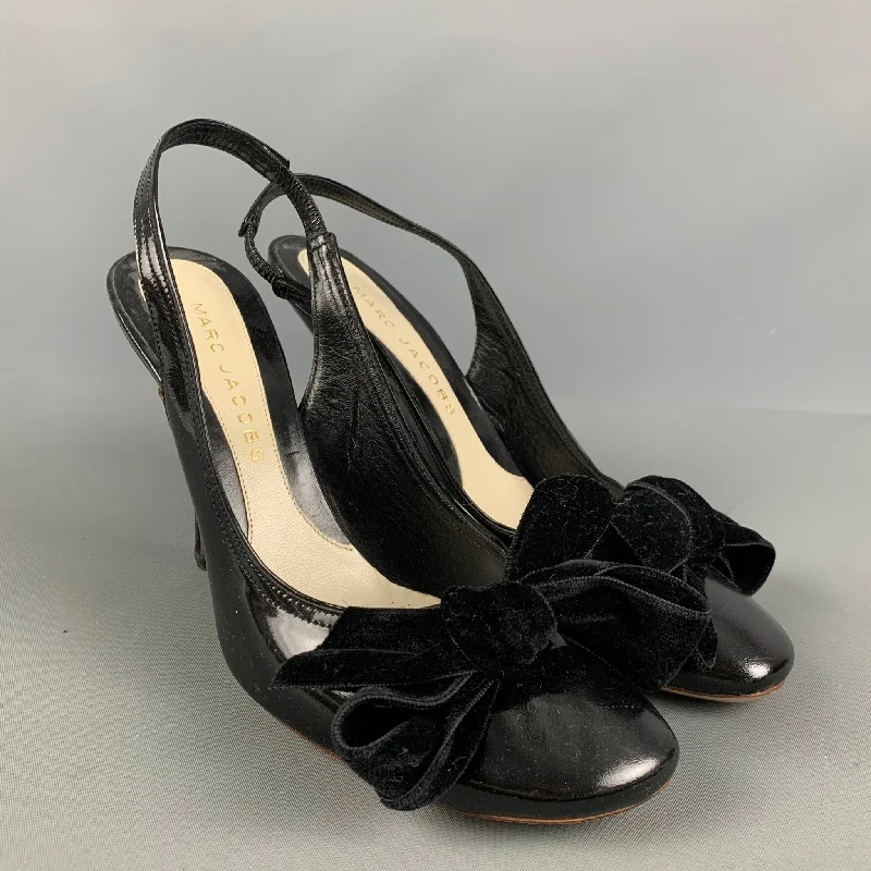 Sleek and Shiny Patent Pump Heels for a Polished Look--MARC JACOBS Size 6.5 Black Velvet Patent Leather Slingback Pumps