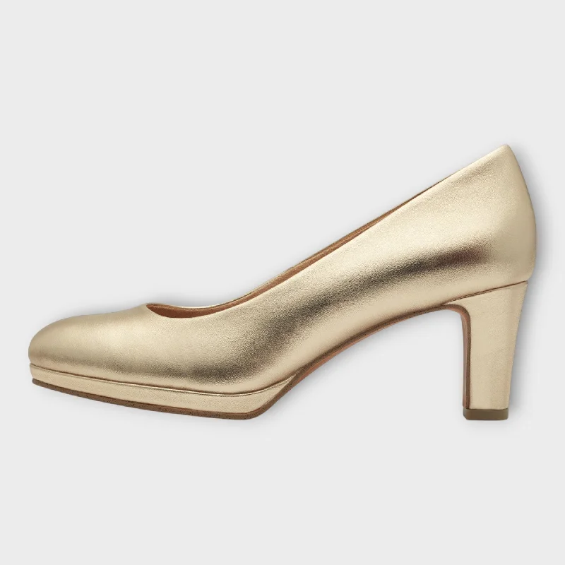 Versatile Heeled Sandals for Any Occasion---Marco Tozzi Gold Court Shoes with Block Heel