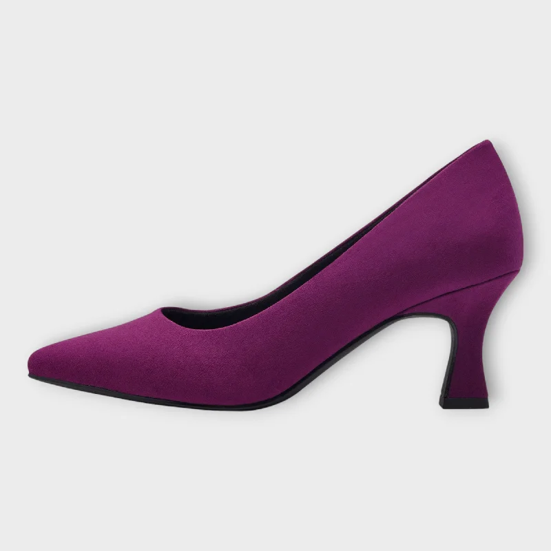 Affordable Suede Ankle Pumps for All-Day Wear--Marco Tozzi Purple Faux Suede Heels with Pointed Toe