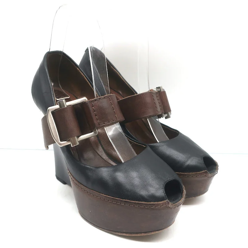 Trendy Peep Toe Platform Heels Crafted from Genuine Leather--Marni Buckled Wedge Pumps Black & Brown Leather Size 38 Peep Toe Heels