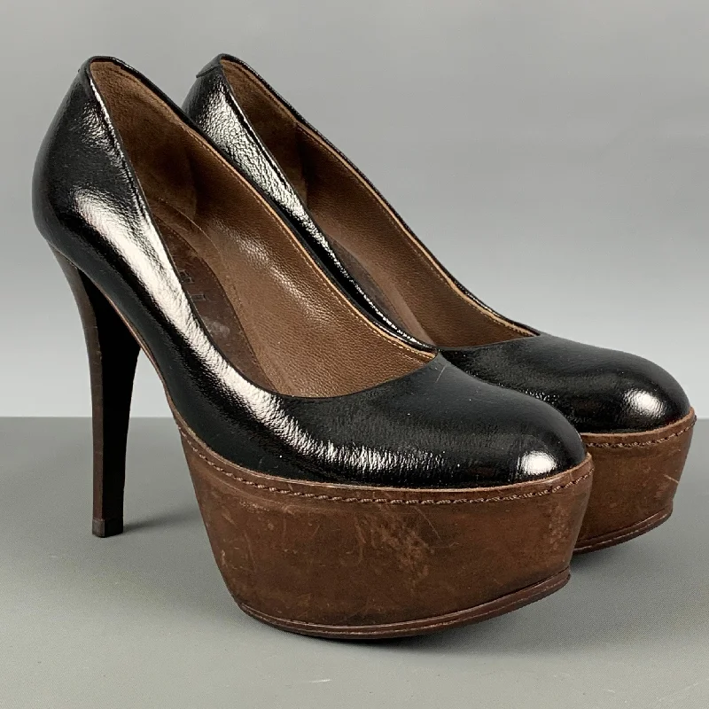 Sleek and Shiny Patent Pump Heels for a Polished Look--MARNI Size 5.5 Black Brown Two Tone Patent Leather Platform Pumps