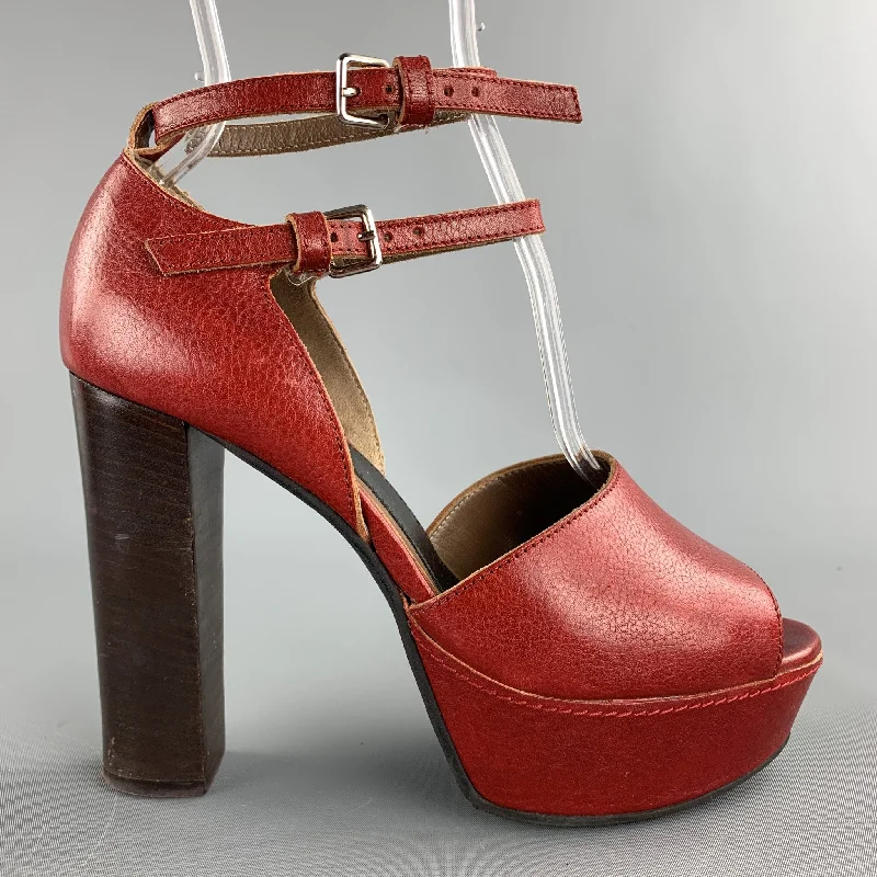 Trendy Peep Toe Platform Heels Crafted from Genuine Leather--MARNI Size 8 Red Leather Peep Toe Double Strap Pumps