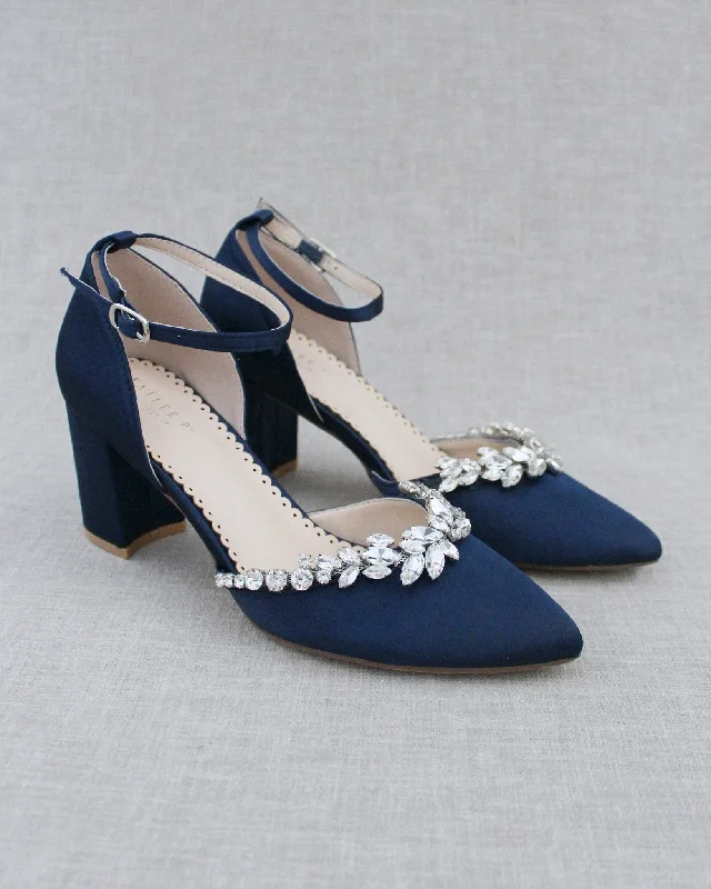 Trendy Chunky Heel Pumps for Casual Wear--Marquise Rhinestone Block Heel Evening Shoes