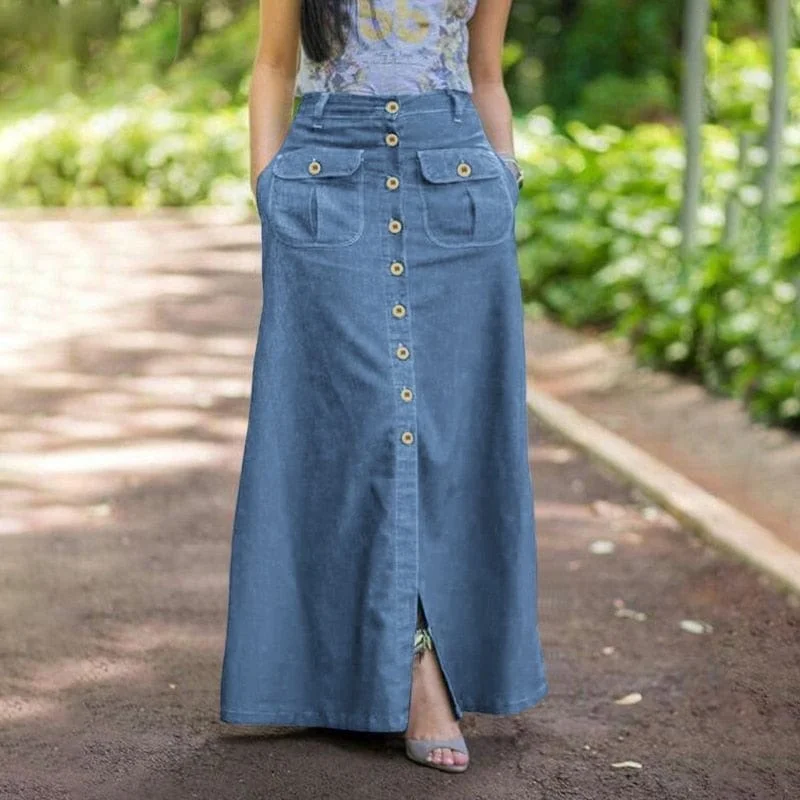 Women's acid wash denim skirts for a 90s-inspired look -Maya Button Front Maxi Skirt Women's acid wash denim skirts for a 90s-inspired look -Maya Button Front Maxi Skirt