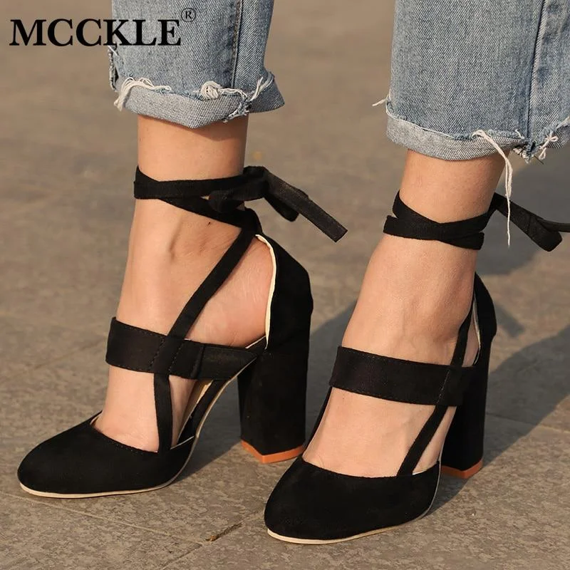 Stylish Ankle Strap Heels for Women--Plus Size Female Ankle Strap High Heels Flock Gladiator Shoes Lace Up Thick Heel Fashion Hollow Women Party Wedding Pumps