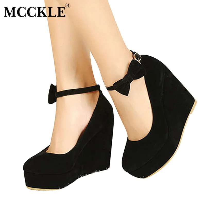 MCCKLE Women High Heels Shoes Fashion Buckle Wedges 2017 Ladies Platform Buckle Bowtie Pumps For Woman Plus Size sapato feminino---Charming Bow Pumps for a Cute and Stylish Look