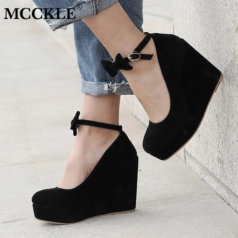 Stylish Ankle Strap Heels for Women--Women High Heels Shoes Plus Size Platform Wedges Female Pumps Elegant Flock Buckle Bowtie Ankle Strap Party Wedding Shoe