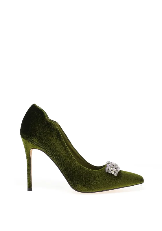 Menbur Velvet Embellished Heeled Shoes, Apple Green---Chic Embellished Pumps for a Glamorous Look