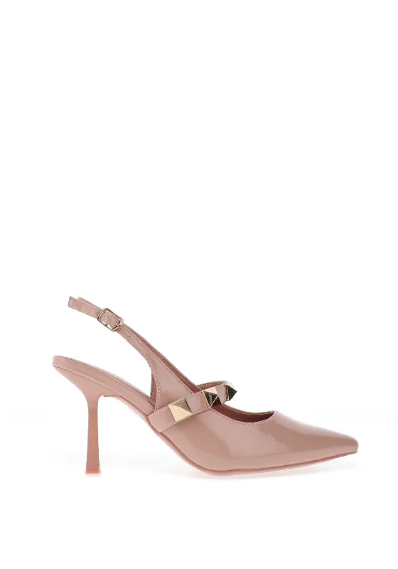 Sleek and Shiny Patent Pump Heels for a Polished Look--Menbur Pisces Patent Stud Pointed Toe Heeled Shoes, Nude