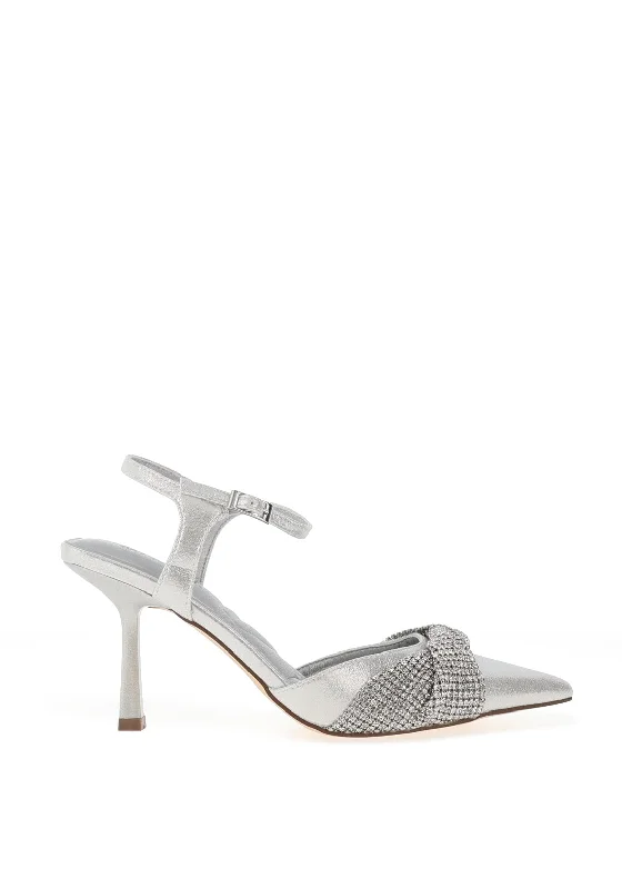 Menbur Diamante Bow Pointed Heeled Shoes, Silver---Charming Bow Pumps for a Cute and Stylish Look