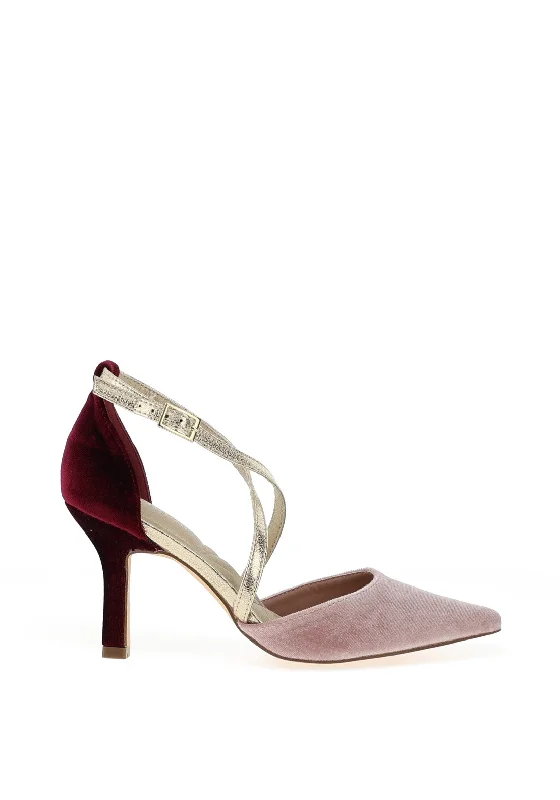 Stiletto Heel Pumps with Perfect Fit--Menbur Velvet Criss Cross Pointed Toe Heels, Burgundy and Pink-Fashionable & Classic