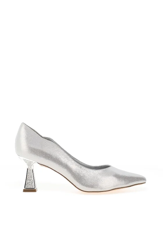 Stiletto Heel Pumps with Perfect Fit--Menbur Shimmer Effect Pointed Toe Heels, Silver-Fashionable & Classic