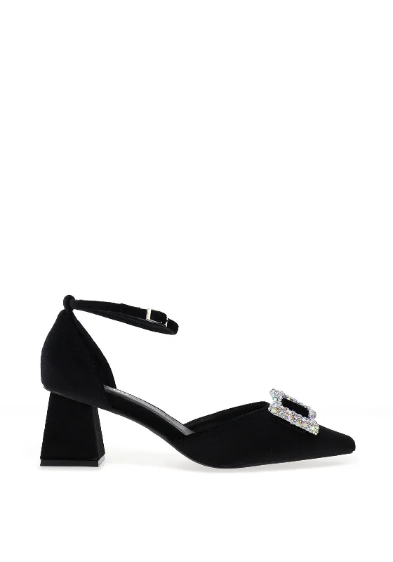 Trendy Chunky Heel Pumps for Casual Wear--Menbur Embellished Buckle Block Heels, Black