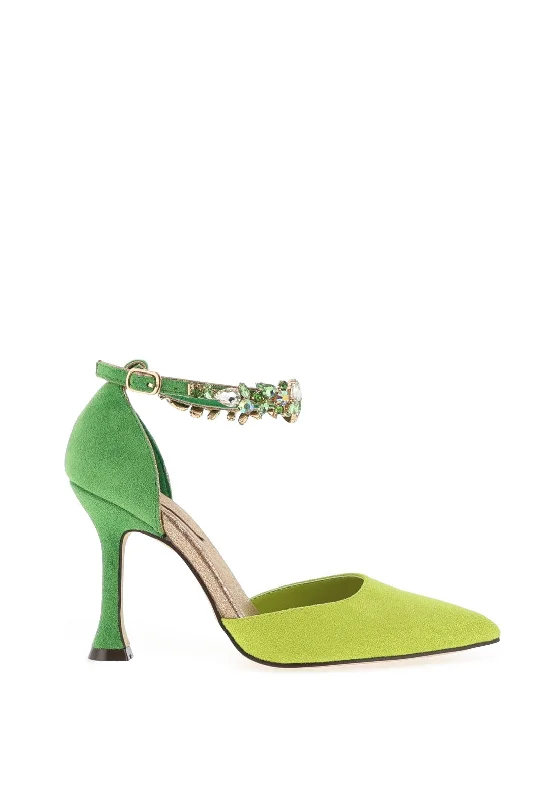 Stylish Ankle Strap Heels for Women--Menbur Embellished Ankle Strap Heeled Court Shoes, Lime & Green