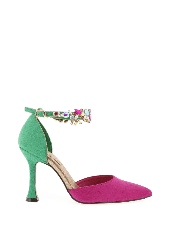 Stylish Ankle Strap Heels for Women--Menbur Embellished Ankle Strap Heeled Court Shoes, Fuchsia & Green