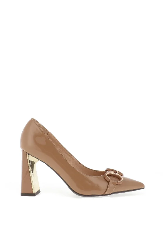 Sleek and Shiny Patent Pump Heels for a Polished Look--Menbur Patent Chain Block Heel Shoes, Nude