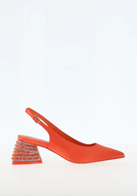 Menbur Satin Sling Back Embellished Block Heel Shoes, OrangeAffordable Satin Heels with a Luxe Touch