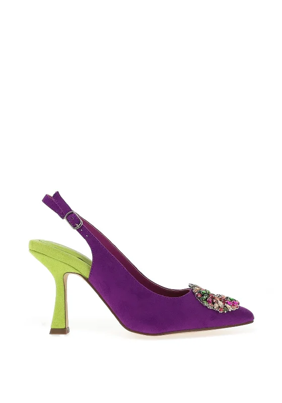 Stiletto Heel Pumps with Perfect Fit--Menbur Pointed Toe Brooch Heeled Shoes, Purple & Lime-Fashionable & Classic