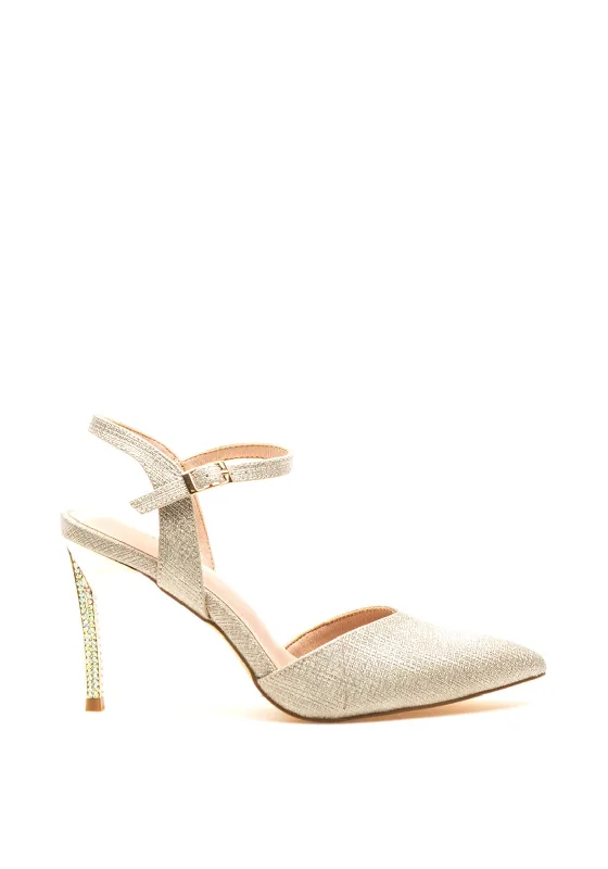 Stiletto Heel Pumps with Perfect Fit--Menbur Shimmer Pointed Toe Gem Heel Court Shoes, Gold-Fashionable & Classic