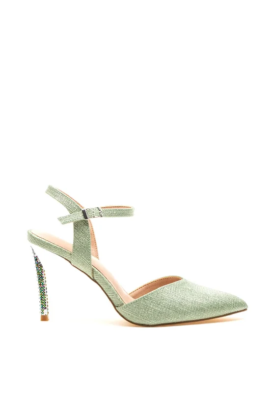 Stiletto Heel Pumps with Perfect Fit--Menbur Shimmer Pointed Toe Gem Heel Court Shoes, Green-Fashionable & Classic