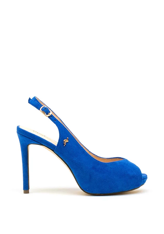 Trendy Peep Toe Platform Heels Crafted from Genuine Leather--Menbur Suede Peep Toe Sling Back Heels, Blue