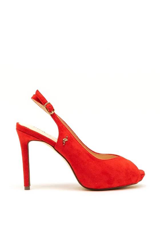 Trendy Peep Toe Platform Heels Crafted from Genuine Leather--Menbur Suede Peep Toe Sling Back Heels, Red