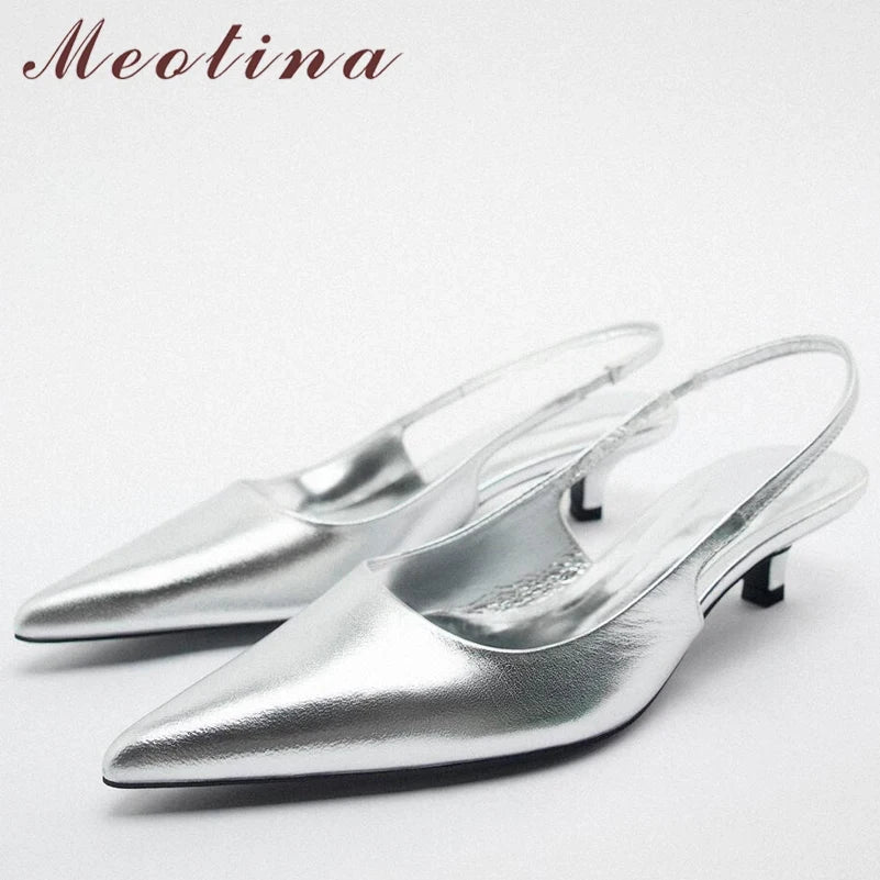 Fashionable Leather Slingback Pumps for Casual Wear--Women Genuine Leather Slingbacks Pointed Toe Block Mid Heels Pumps