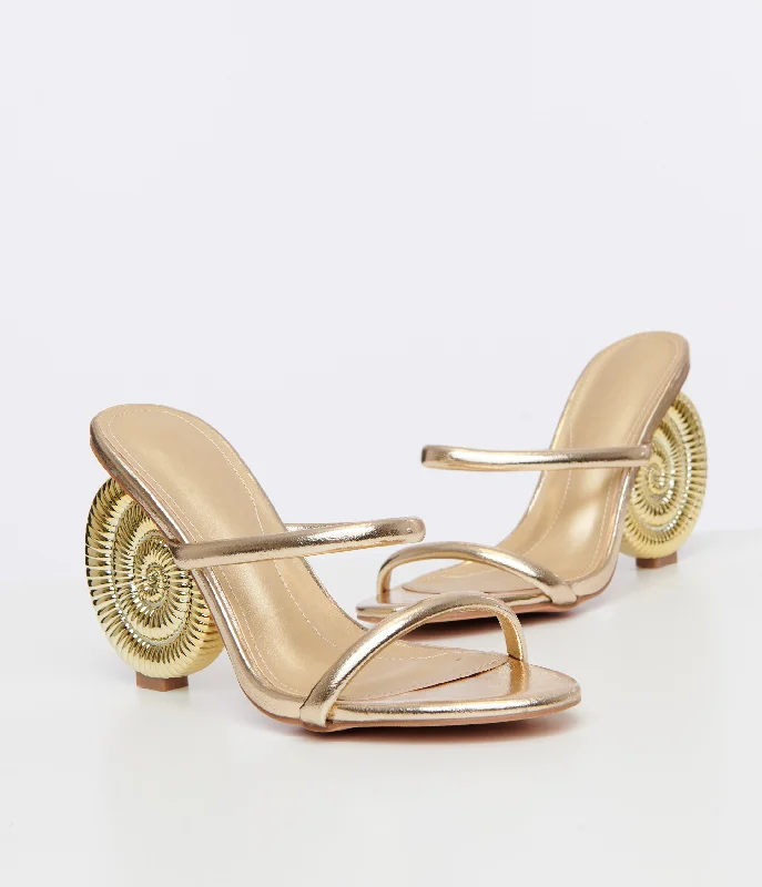 Versatile Heeled Sandals for Any Occasion---Metallic Gold Seashell Heels