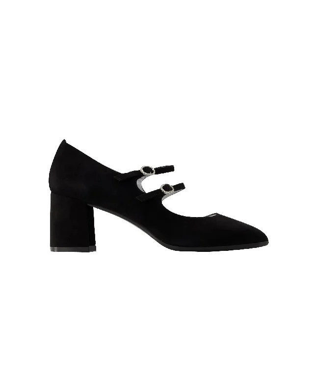 Stylish Ankle Strap Heels for Women--Pointed Suede Pumps with Ankle Strap in Black