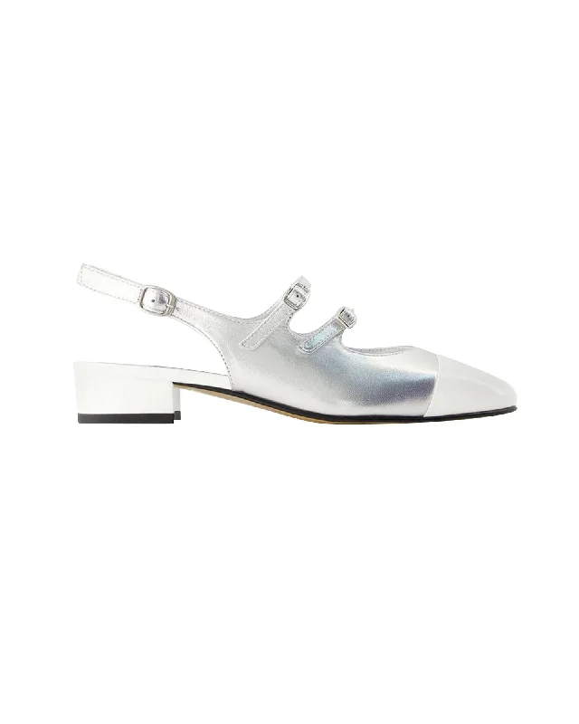 Stylish Ankle Strap Heels for Women--White/Silver Leather Pumps with Ankle Strap by Carel