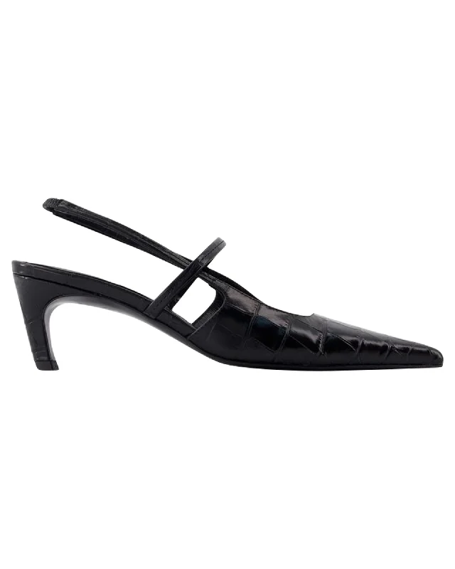 Fashionable Leather Slingback Pumps for Casual Wear--Croc-Embossed Leather Slingback with 5cm Heel - Black