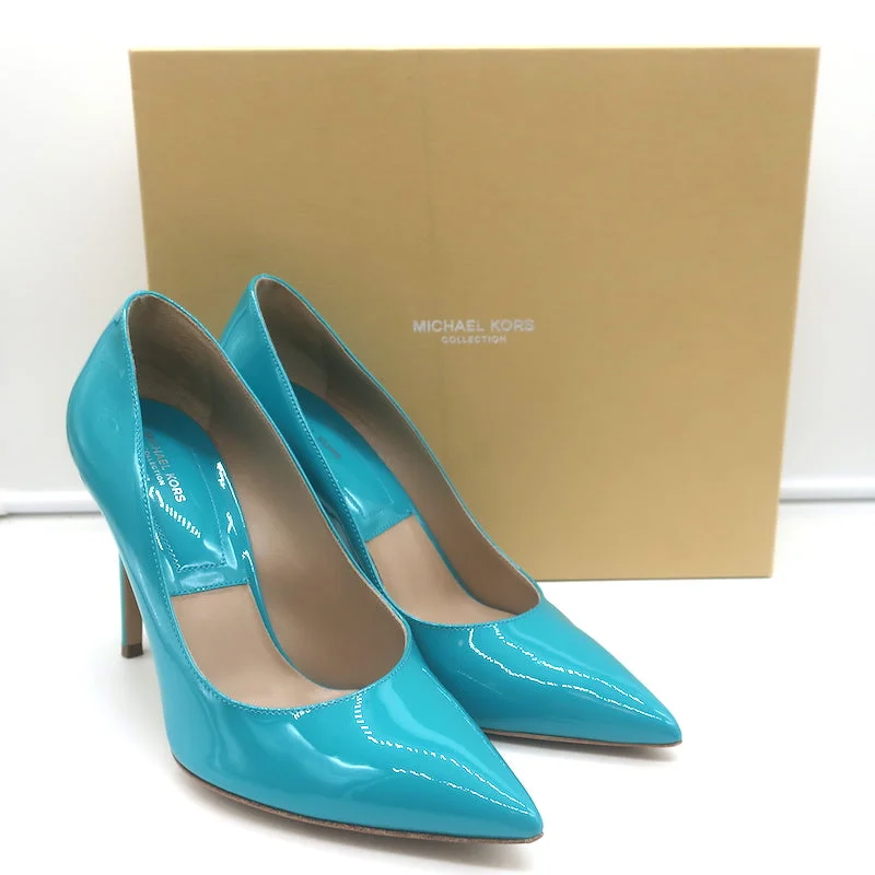 Sleek and Shiny Patent Pump Heels for a Polished Look--Michael Kors Collection Gretel Runway Pumps Turquoise Patent Leather Size 38