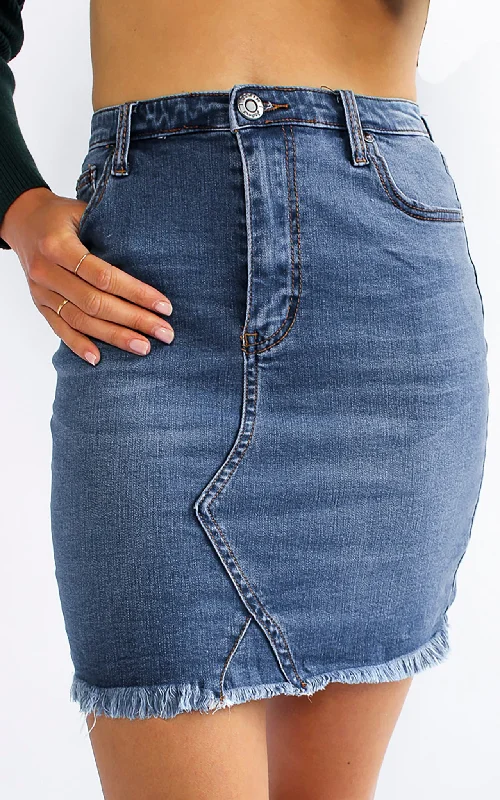 Women's color-block denim skirts for bold style -Milestone Denim Skirt- Blue