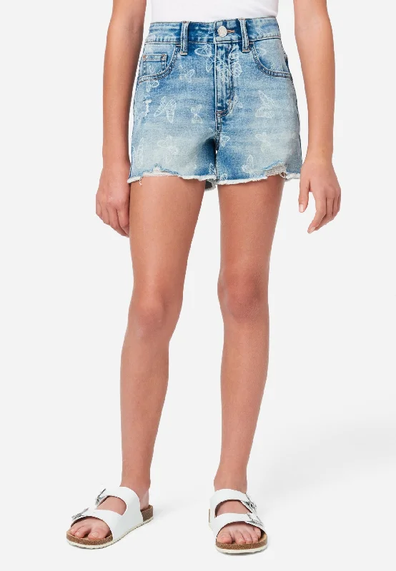 Patterned Distressed Mini Mom Denim Shorts