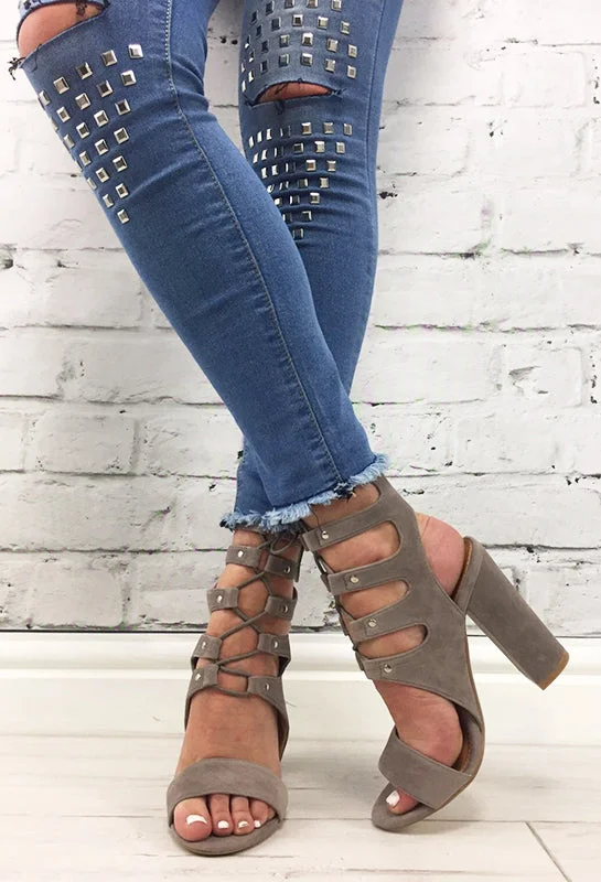 Affordable Suede Ankle Pumps for All-Day Wear--Mink Grey Faux Suede Lace Up Leona Heels