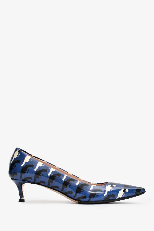 Sleek and Shiny Patent Pump Heels for a Polished Look--Miu Miu Blue Patent Leather 'Gun Print' Pointed Kitten Heels Size 36.5