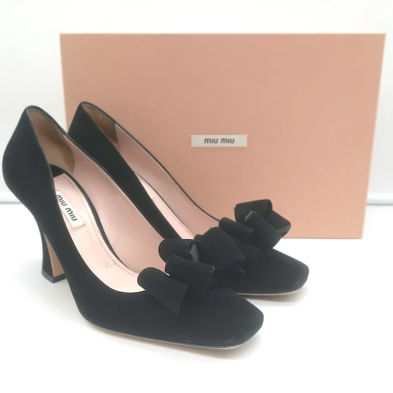 Miu Miu Bow Pumps Black Suede Size 38 Square Toe Heels---Durable Square Toe Block Heels for Everyday Use