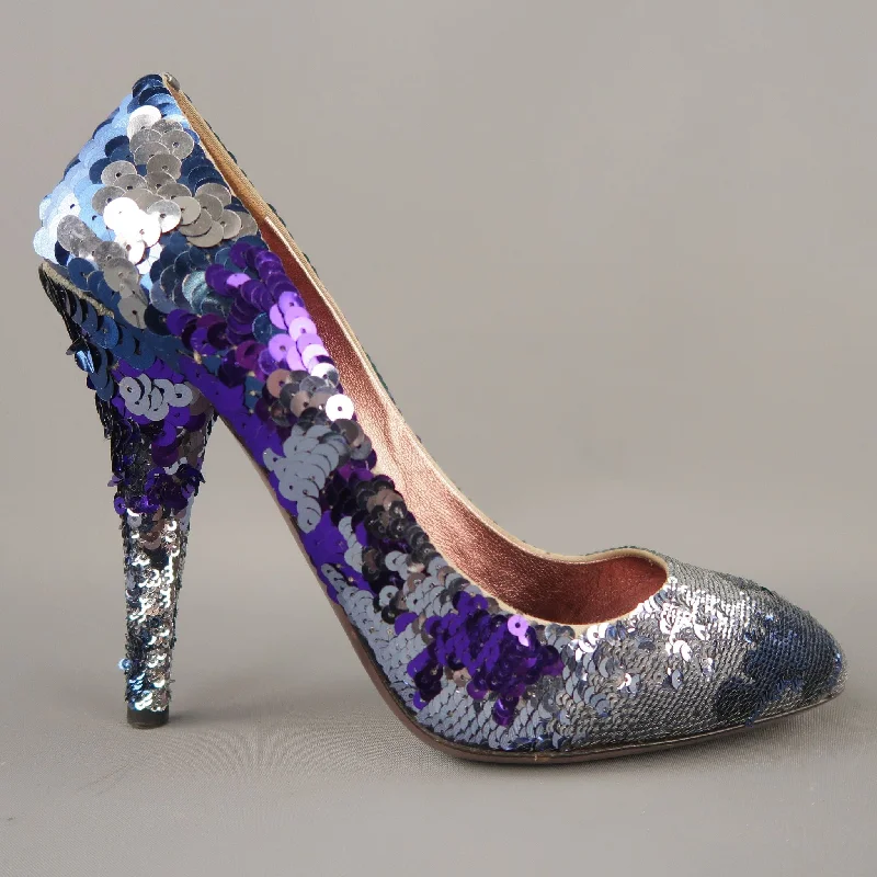 MIU MIU Size 10 Navy & Silver Purple Sequin Pumps---Trendy Glitter Heels for a Glamorous Look