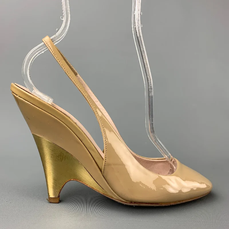 Sleek and Shiny Patent Pump Heels for a Polished Look--MIU MIU Size 5.5 Beige & Gold Patent Leather Pumps