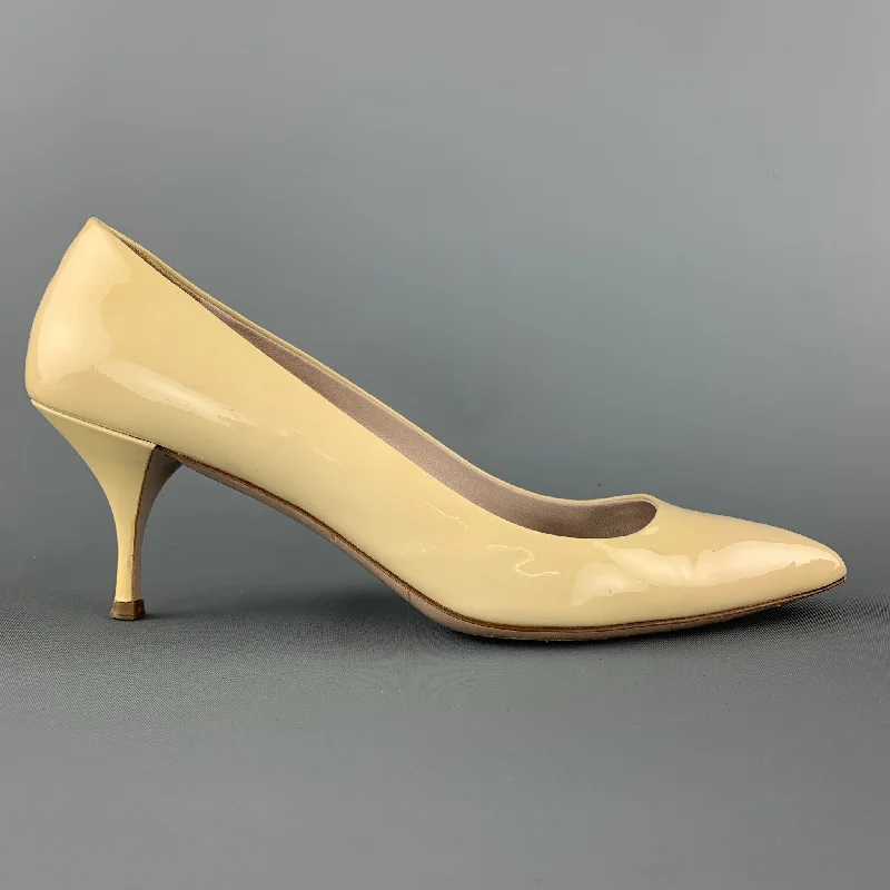 Sleek and Shiny Patent Pump Heels for a Polished Look--MIU MIU Size 9 Beige Patent Leather Kitten Heel Pumps