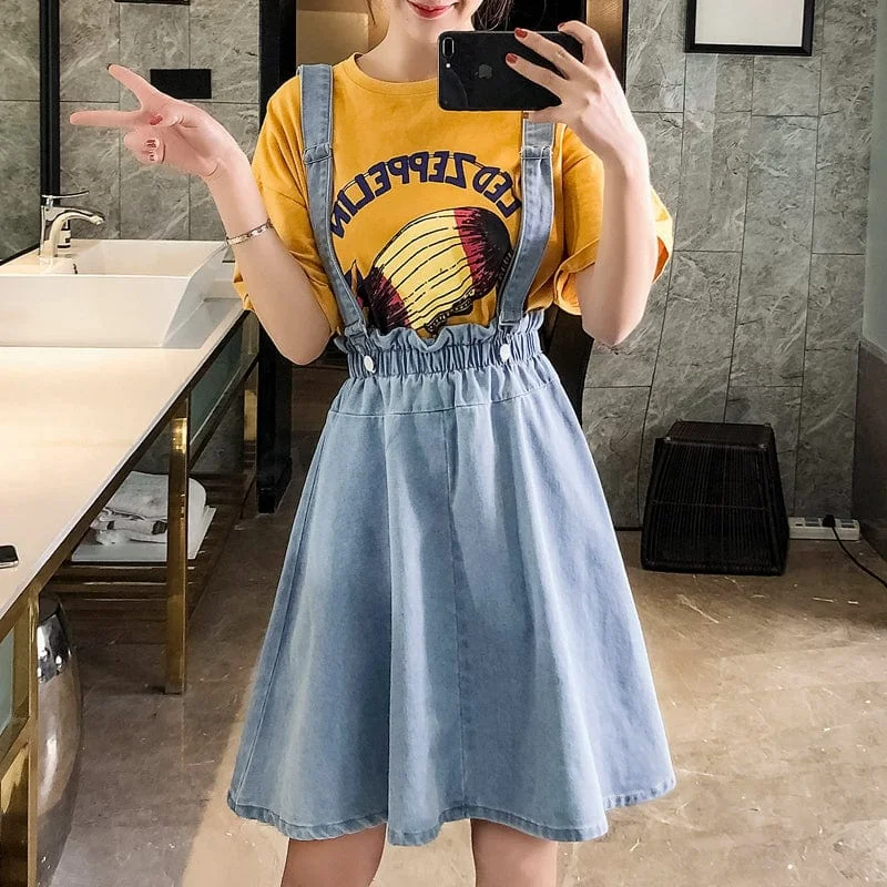 Women's flare denim skirts for vintage-inspired fashion -Moena Denim Suspenders Skirt Women's flare denim skirts for vintage-inspired fashion -Moena Denim Suspenders Skirt
