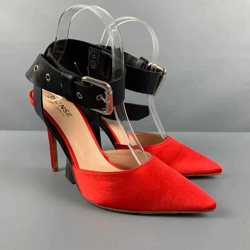 MONSE MARIELA MONTIEL Size 8 Red Black Silk Solid Leather Trim Belted Pumps---Comfortable Leather Pumps for Office and Everyday Wear