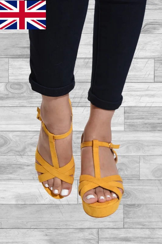 Mustard Chunky Ankle Heel---Fashionable Kitten Heels for Date Night