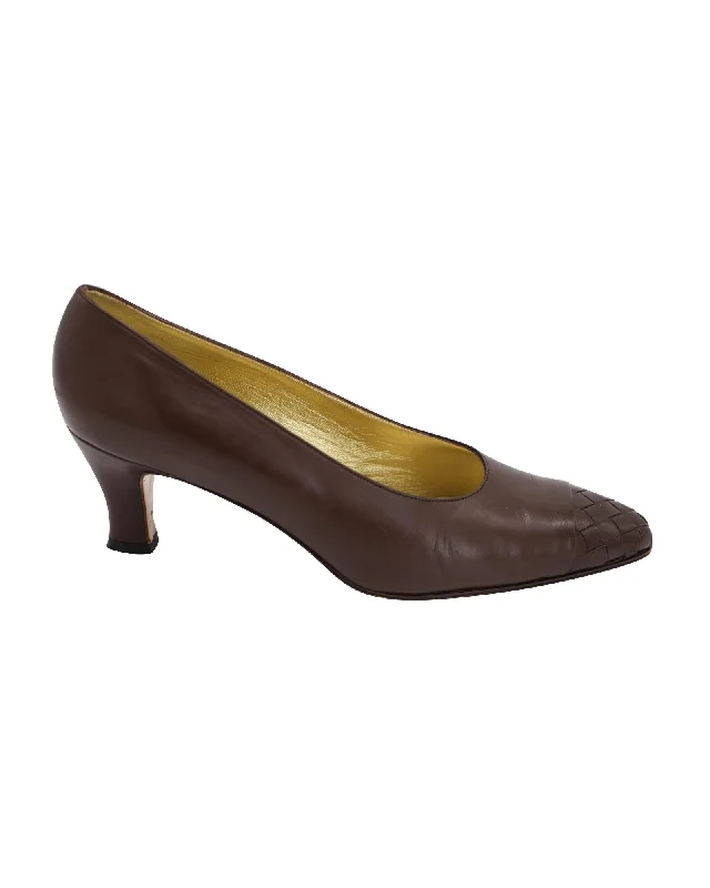 Bottega Veneta Intrecciato Design Cap Toe Kitten Heels in Brown Leather---Fashionable Kitten Heels for Date Night