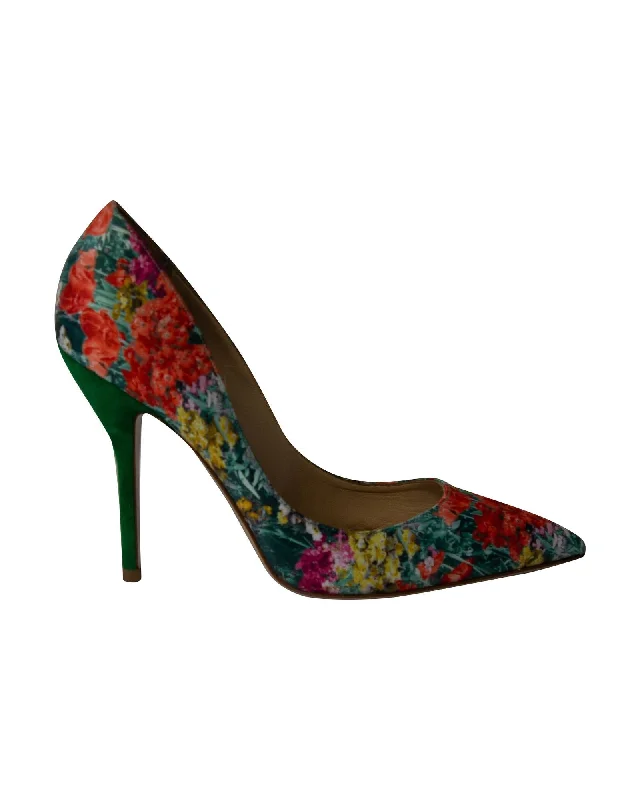 Affordable Suede Ankle Pumps for All-Day Wear--Floral Print Silk and Suede High Heel Pumps