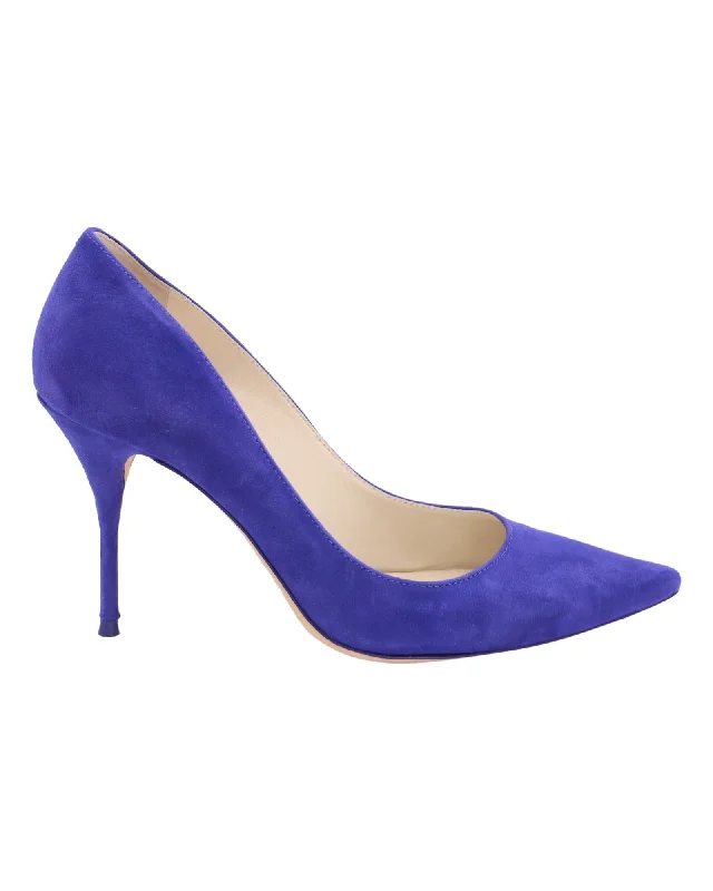 Affordable Suede Ankle Pumps for All-Day Wear--Blue Suede Pointed Toe Pumps with Covered Heel and Rubber Sole